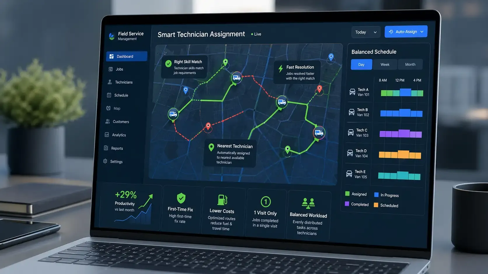 Optimized technician routing dashboard with balanced scheduling and efficiency 
